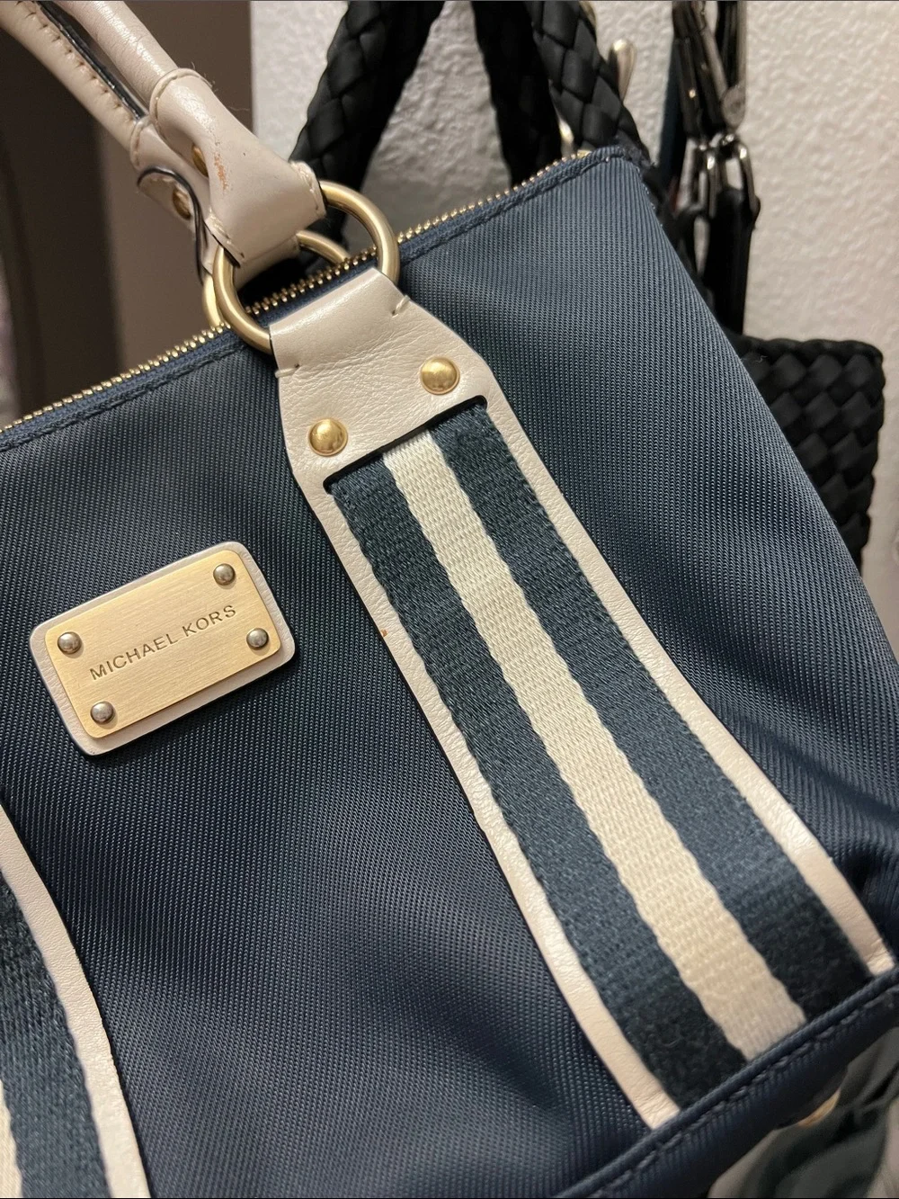 Michael Kors Navy and Cream Mini Satchel with Gold Hardware
